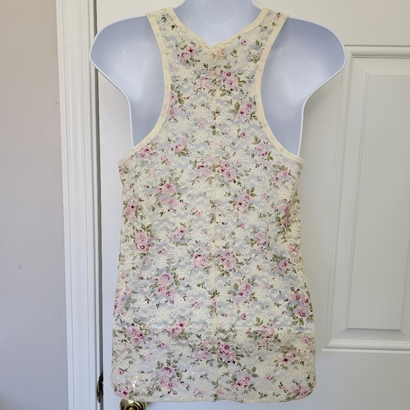 Forever 21 XXI Lace Racerback Tank Cream With Pink Floral Print Y2K Size Small - Picture 3 of 8